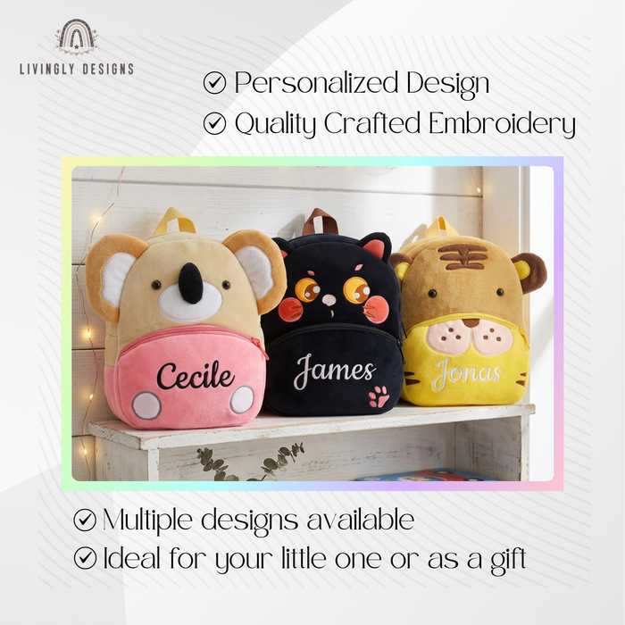 Koala, cat, and tiger backpacks named Cecile, James, and Jonas.