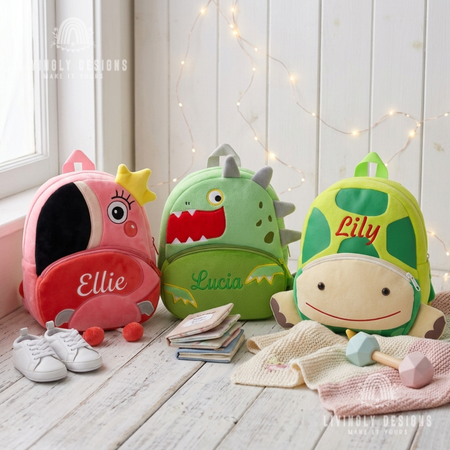 Starfish, dinosaur, and turtle backpacks named Ellie, Lucia, and Lily.