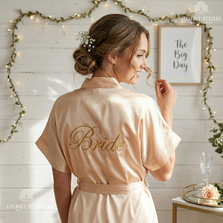 Back of woman wearing champagne bridal gown with 'Bride' on back