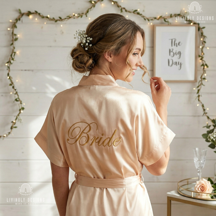 Back of woman wearing champagne bridal gown with 'Bride' on back