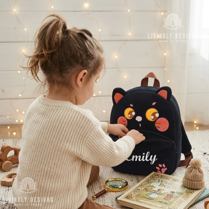 Child unzipping a black cat-shaped backpack named Emily.