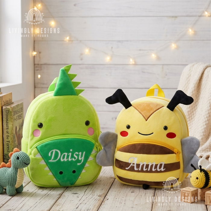 Dinosaur and bee backpacks named Daisy and Anna.