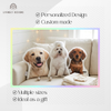 Three custom photo dog pillows displaying a Labrador, Poodle, and Dachshund on a sofa with product feature highlights including personalized design and custom made details.
