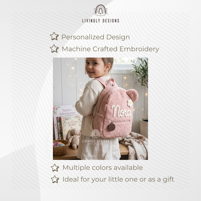 Child wearing a pink teddy bear backpack named Nora.