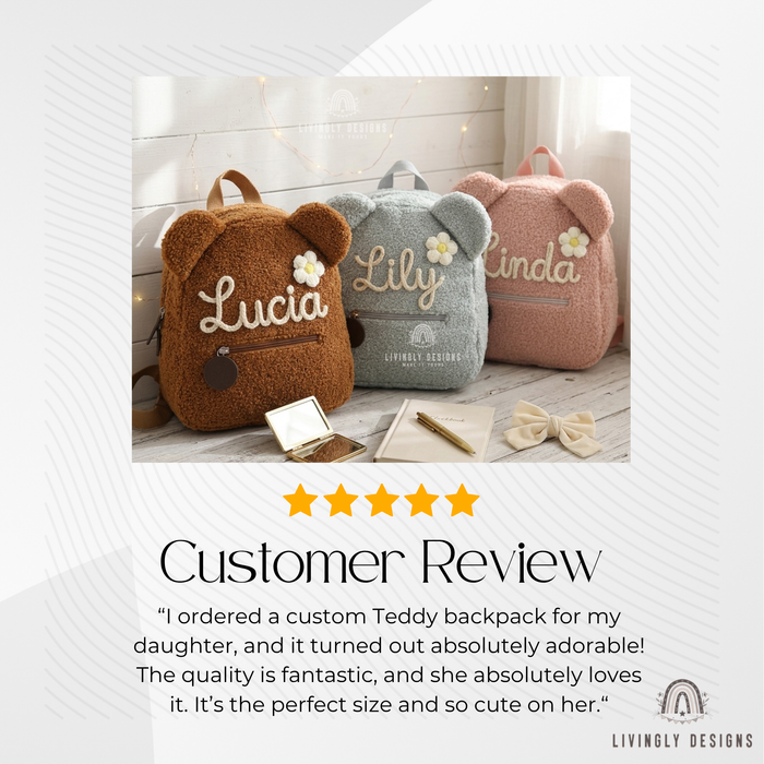 Brown, blue, and pink teddy bear backpacks named Lucia, Lily, and Linda.