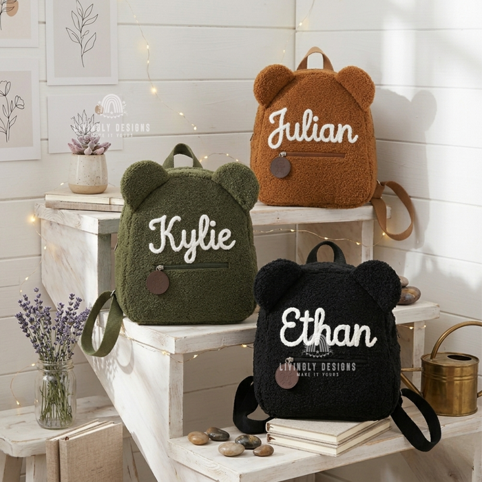 Green, Brown and black teddy bear backpacks named Julian, Kylie, and Ethan.