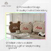 Brown, tan, and cream teddy bear pouches named Mila, Isla, and Aria.