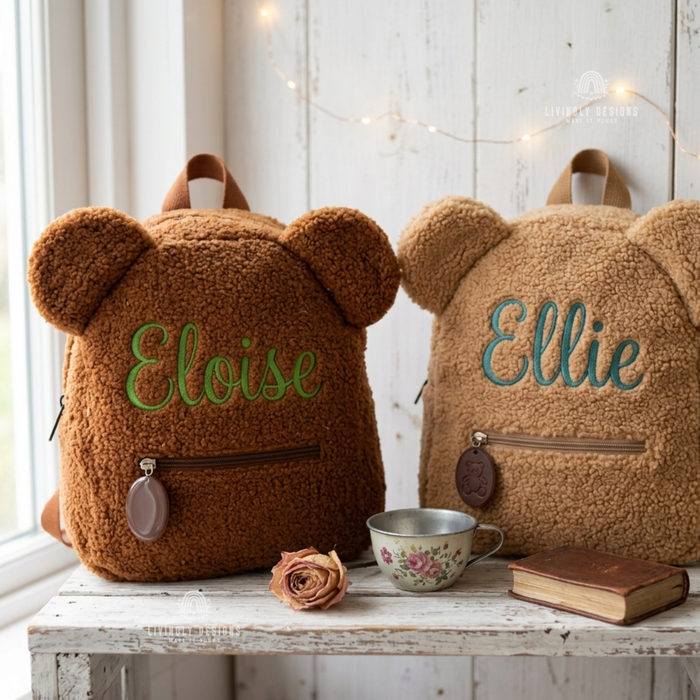 Rust and tan teddy bear backpacks named Eloise and Ellie.