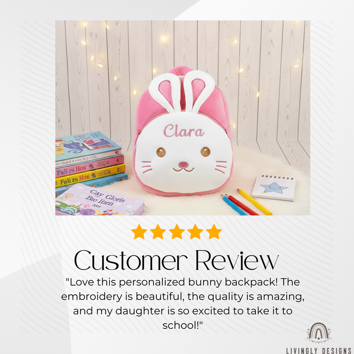 5-star customer review graphic featuring a plush pink bunny backpack embroidered with the name Clara, surrounded by books and colored pencils.