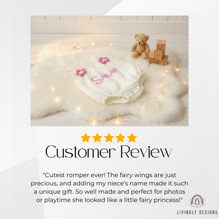 5-star customer review graphic featuring a white textured knit baby romper laid flat on a white faux fur rug, accented with pink flower shoulder details and the name Sarah embroidered in pink.