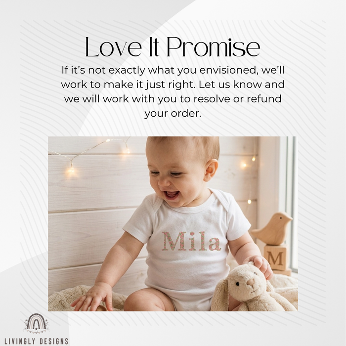 Baby wearing white onesie named Mila