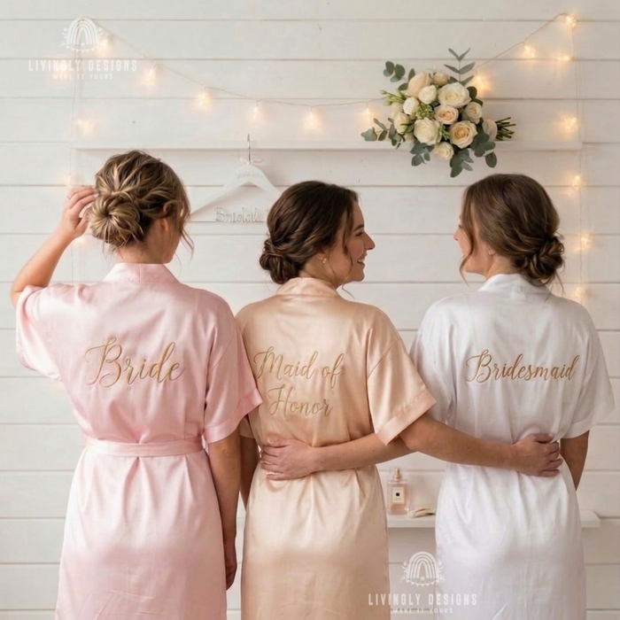Three women wearing personalized satin bridal robes labeled Bride, Maid of Honor, and Bridesmaid.
