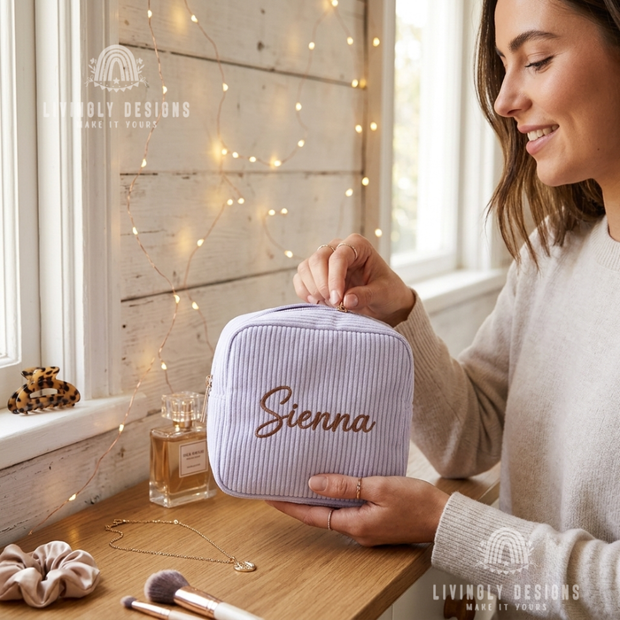Woman holding lavender corduroy makeup bag personalized with the name Sienna