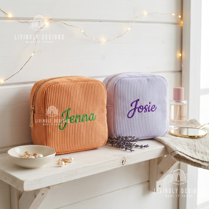 Orange and lavender corduroy makeup bags personalized with names Jenna and Josie