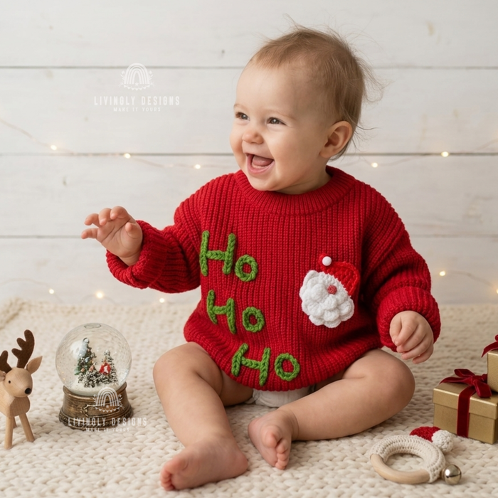 Smiling baby wearing a red knitted Christmas sweater with “Ho Ho Ho” lettering and a festive Santa Claus design.