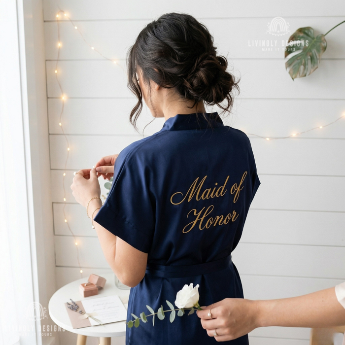 Woman wearing a navy satin robe embroidered with “Maid of Honor” on the back.
