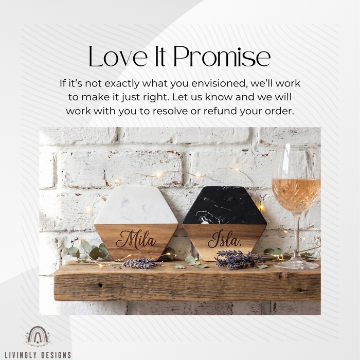 Two hexagonal marble and wood coasters engraved with the names "Mila" and "Isla," displayed on a wooden shelf