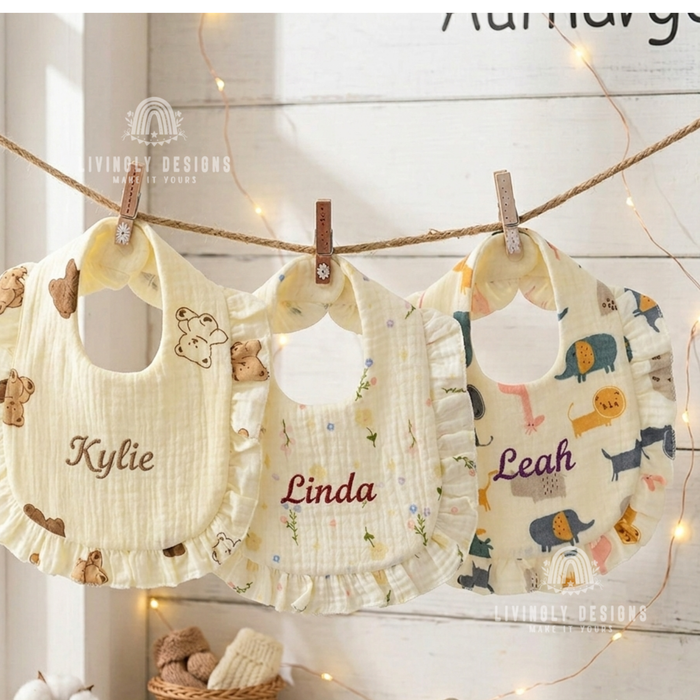 Ruffled bibs personalized with names Isla, Maeve, and Arya