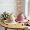Two witch hats, beige and pink, named Kylie and Lily.
