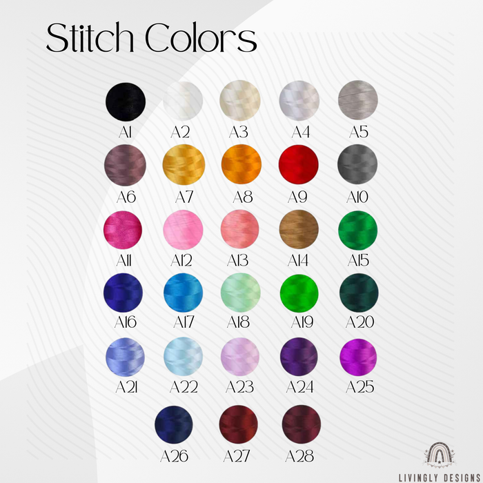 Embroidery stitch color options chart displaying 28 labeled circular thread swatches ranging from A1 to A28 in various shades.