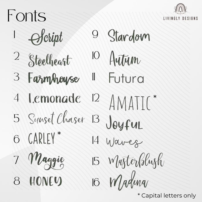 Font list for Livingly Designs