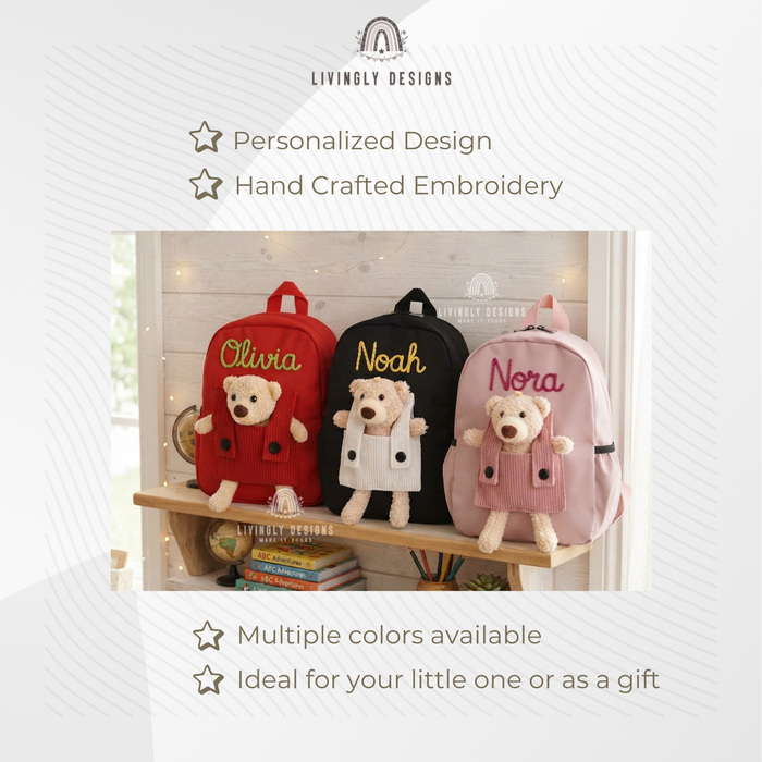 Personalized Hand-Embroidered Name Teddy Bear Backpack