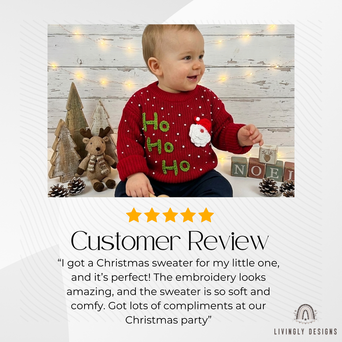 Smiling baby wearing a red knitted Christmas sweater with "Ho Ho Ho" lettering, white snow dots, and a Santa Claus design, sitting near festive holiday decor.