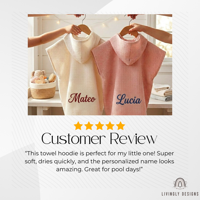 Customer review graphic featuring cream and pink personalized kids hooded waffle bathrobes embroidered with Mateo and Lucia alongside a 5-star rating for LivinglyDesigns.