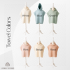 Kids hooded waffle towel color options chart displaying White, Blue, Green, Pink, Beige, and Rose on mannequins for LivinglyDesigns.