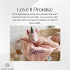Love It Promise customer satisfaction guarantee graphic featuring a sleeping baby in a woven Moses basket holding a personalized pink plush unicorn security blanket embroidered with the name Sienna.