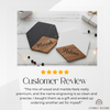 Customer review photo of two hexagonal marble and wood coasters engraved with the names "Mariah" and "Helena"