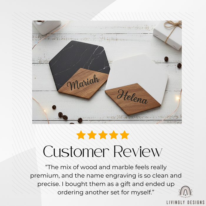 Customer review photo of two hexagonal marble and wood coasters engraved with the names "Mariah" and "Helena"