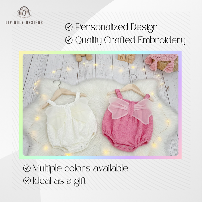 Promotional graphic highlighting personalized design, quality crafted embroidery, multiple color choices, and gifting features with white and pink baby rompers featuring tulle wing accents.