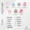 Customization chart showing seven plush animal backpack styles Pink Good Rabbit, Blue Penguin, Gray Kitten, Pink Strawberry Rabbit, Pink Pig, Green Watermelon Girl, and Pink Love Rabbit along with eleven numbered embroidery font options.