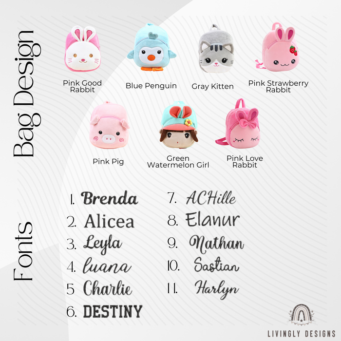 Customization chart showing seven plush animal backpack styles Pink Good Rabbit, Blue Penguin, Gray Kitten, Pink Strawberry Rabbit, Pink Pig, Green Watermelon Girl, and Pink Love Rabbit along with eleven numbered embroidery font options.