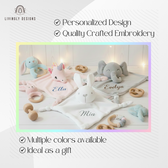 Pink unicorn, white bunny, and grey elephant security blankets personalized with names Ella, Mia, and Evelyn