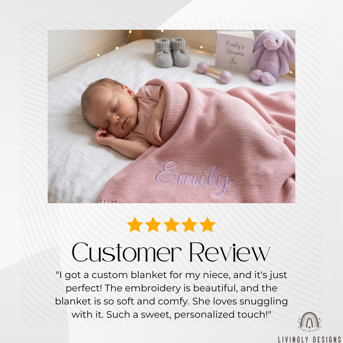 Sleeping baby under a pink personalized blanket named Emily with a 5-star customer review text overlay.
