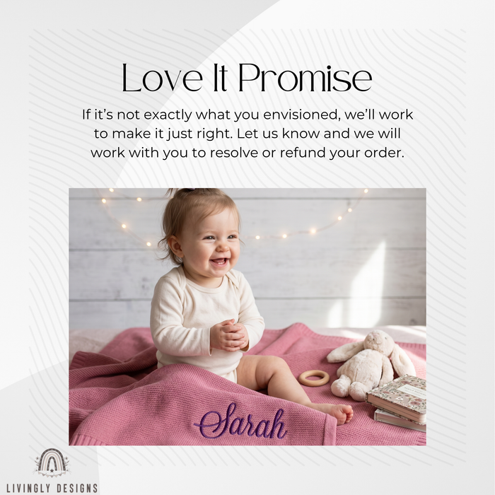 Baby sitting on a pink personalized blanket named Sarah with a "Love It Promise" satisfaction guarantee message.