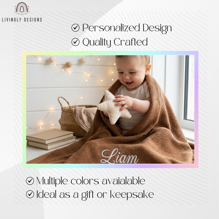 Promotional graphic for personalized baby blanket featuring a baby wrapped in a brown blanket named Liam.