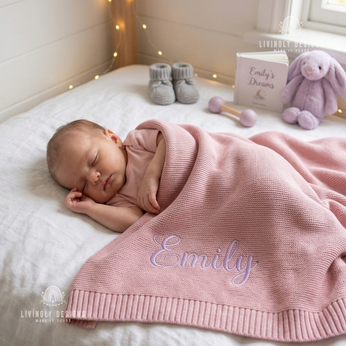 Sleeping baby covered with pink knit blanket named Emily