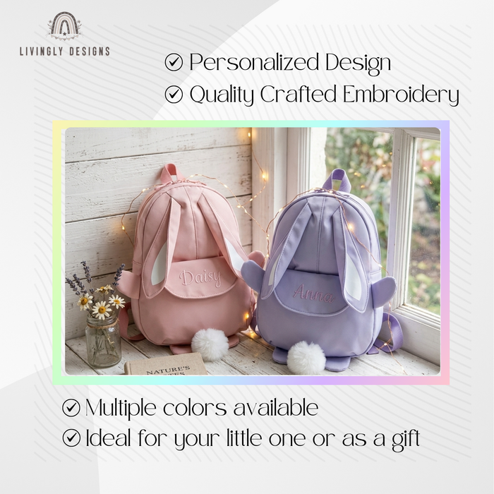 Pink and purple bunny backpacks with the names "Daisy" and "Anna"