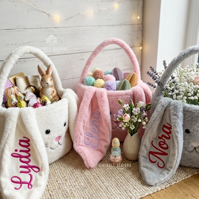 White, pink, and grey bunny Easter baskets personalized with names Lydia, Elena, and Nora