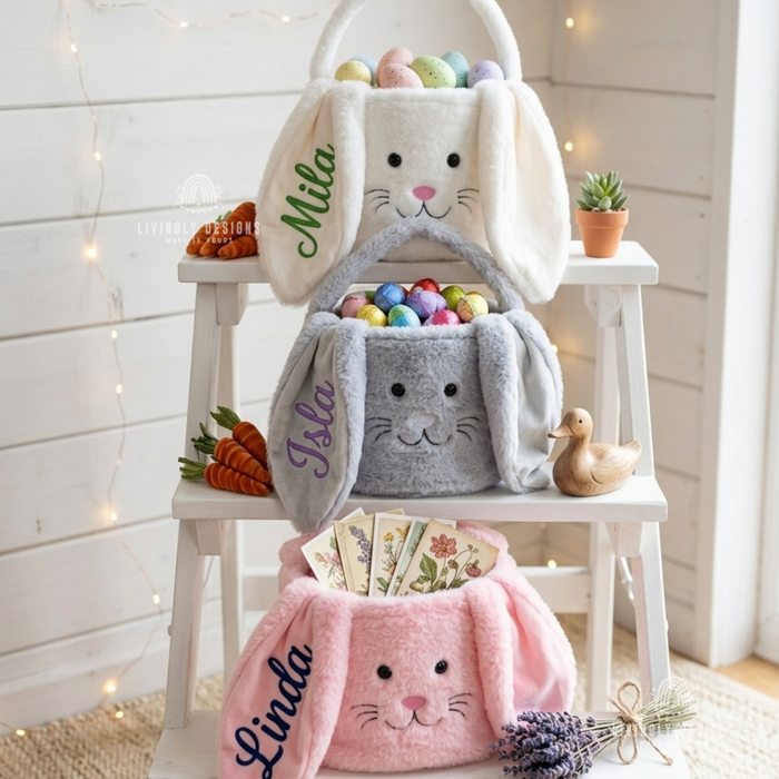 Cream, grey, and pink bunny Easter baskets personalized with names Mila, Isla, and Linda