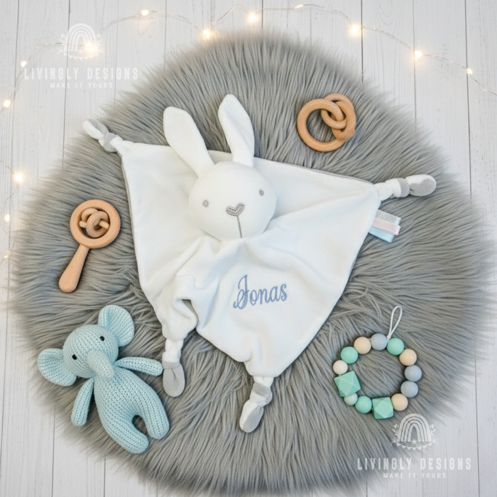 White bunny security blanket personalized with the name Jonas