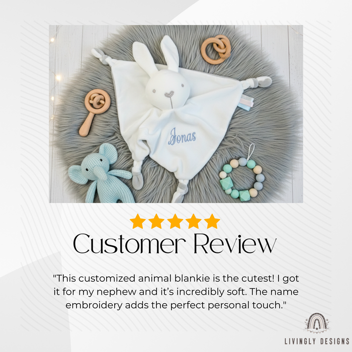 White bunny security blanket personalized with the name Jonas