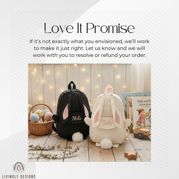 Black and cream bunny backpacks with the names "Mila" and "Isla"