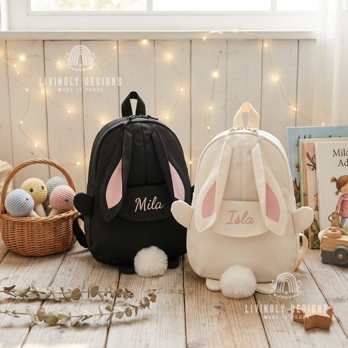 Black and cream bunny backpacks with the names "Mila" and "Isla"