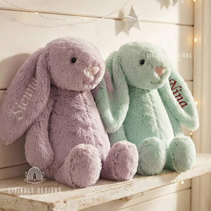 Two bunny plush toys named Sienna and Nina.
