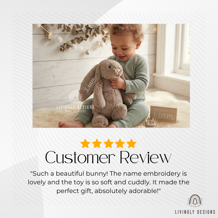 Child hugging a bunny plush named Liam, with a five-star customer review.