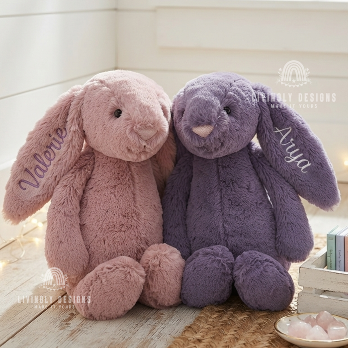 Two bunny plush toys named Valerie and Arya.